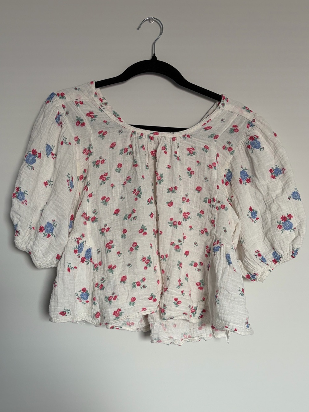 Free People Chloe Printed Top S Floral Open Back Puff Sleeve Boho Cottagecore